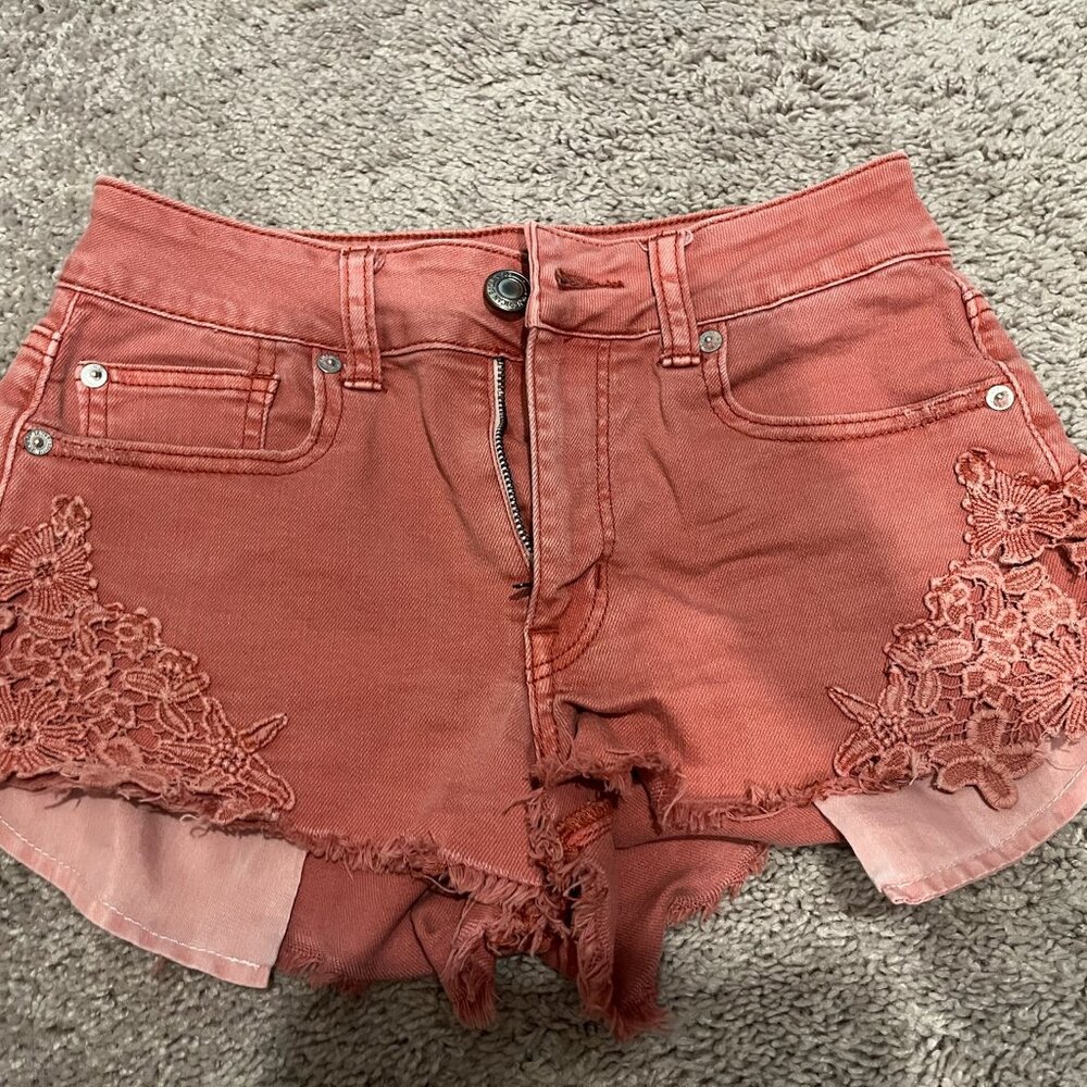 American Eagle Outfitters Rust High Rise Festival Jean Shorts with Lace Trim